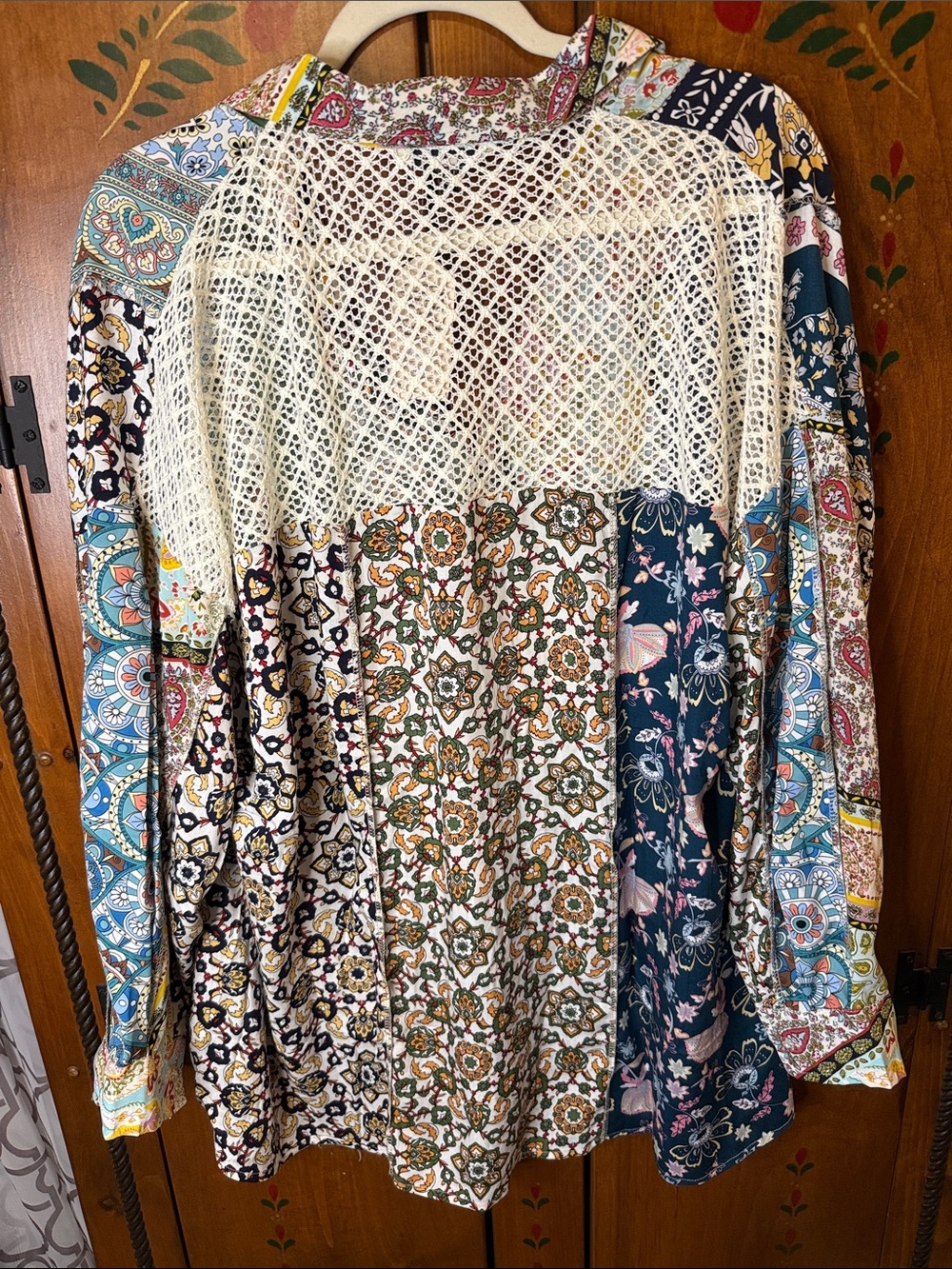Yak N Yeti Boho Crochet Yoke Patchwork Tunic - Cream Multi L/XL sku1